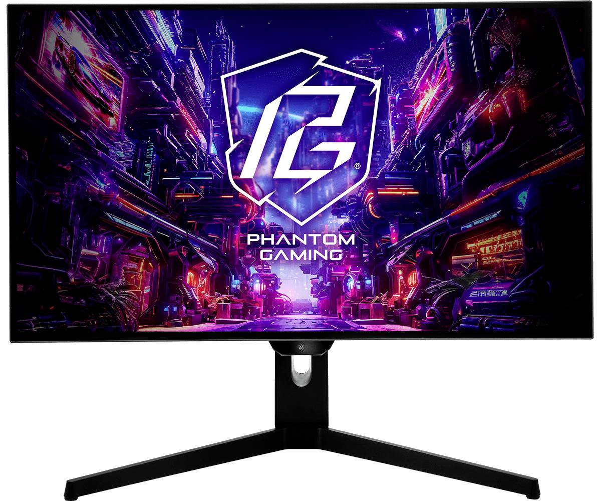 Gekrümmter Gaming-Monitor auf einem Dreibeinstativ, das eine neon-leuchtende Sci-Fi-Stadt mit dem Logo und Text 