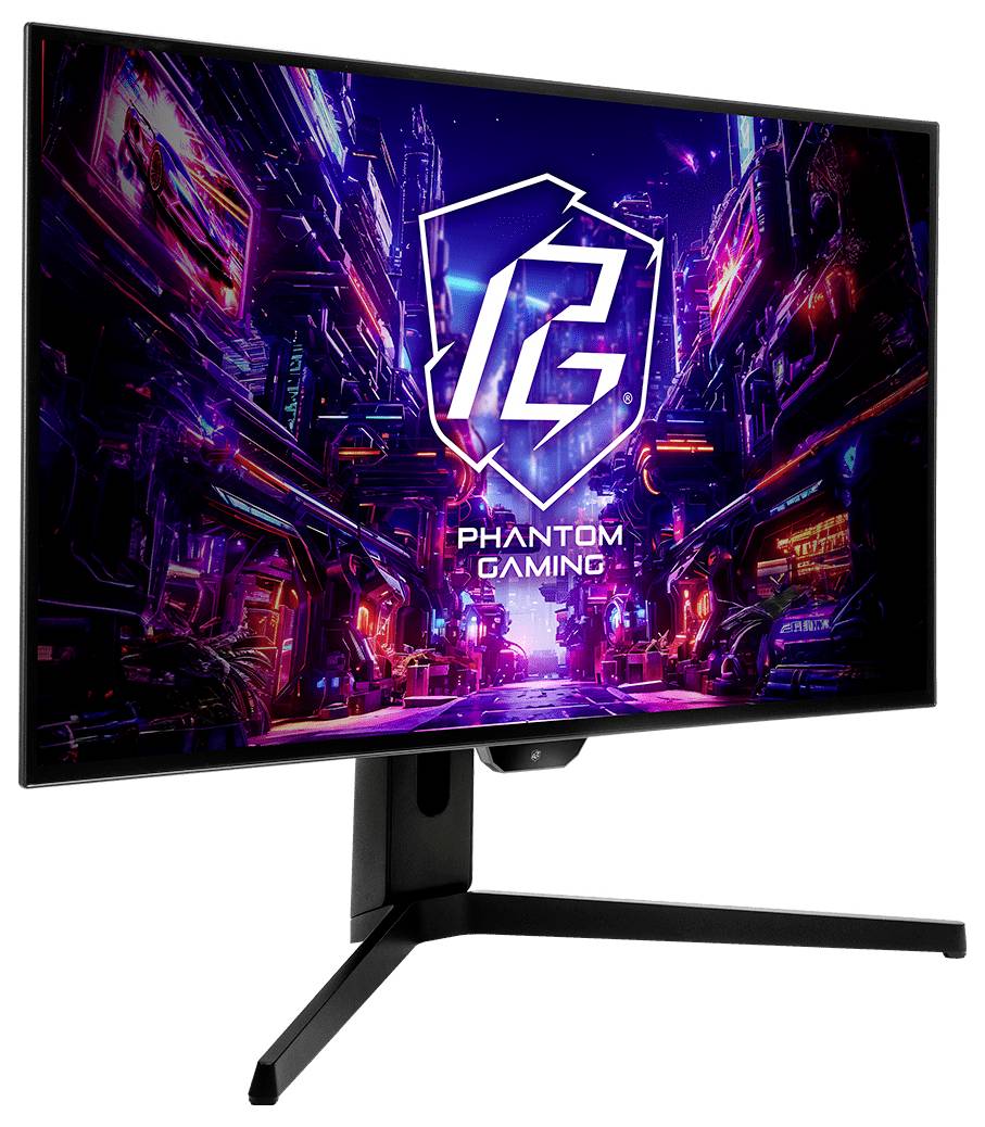 Gaming-Monitor zeigt eine neonfarben Cyberpunk-Szene mit einem schildförmigen 