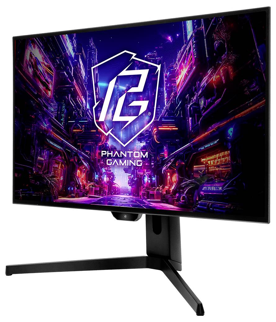 Phantom Gaming Monitor zeigt eine neonige Sci-Fi-Stadtlandschaft und ein stilisiertes 
