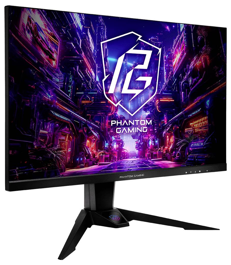 Phantom Gaming Monitor zeigt ein neonleuchtendes Sci-Fi-Stadt-Wallpaper mit dem 