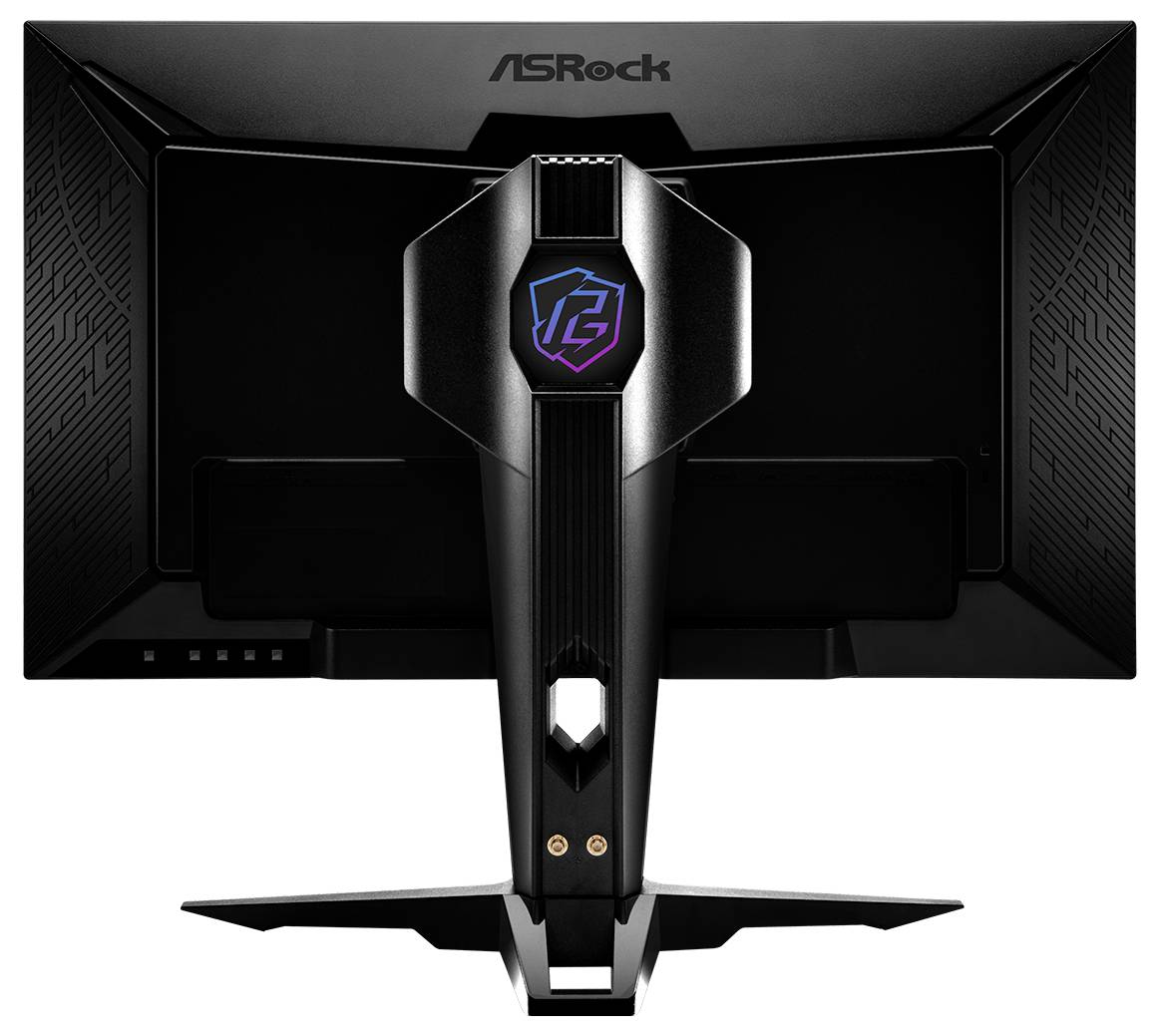 Rückansicht eines ASRock-Gaming-Monitors mit einem kantigen schwarzen Ständer und einem RGB-ähnlichen sechseckigen Logo auf der mittleren Nabe.