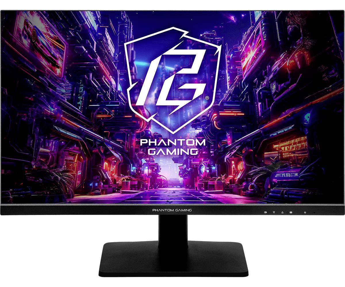 Ein Phantom Gaming Monitor zeigt eine neon-leuchtende Cyberpunk-Stadtszene mit dem 