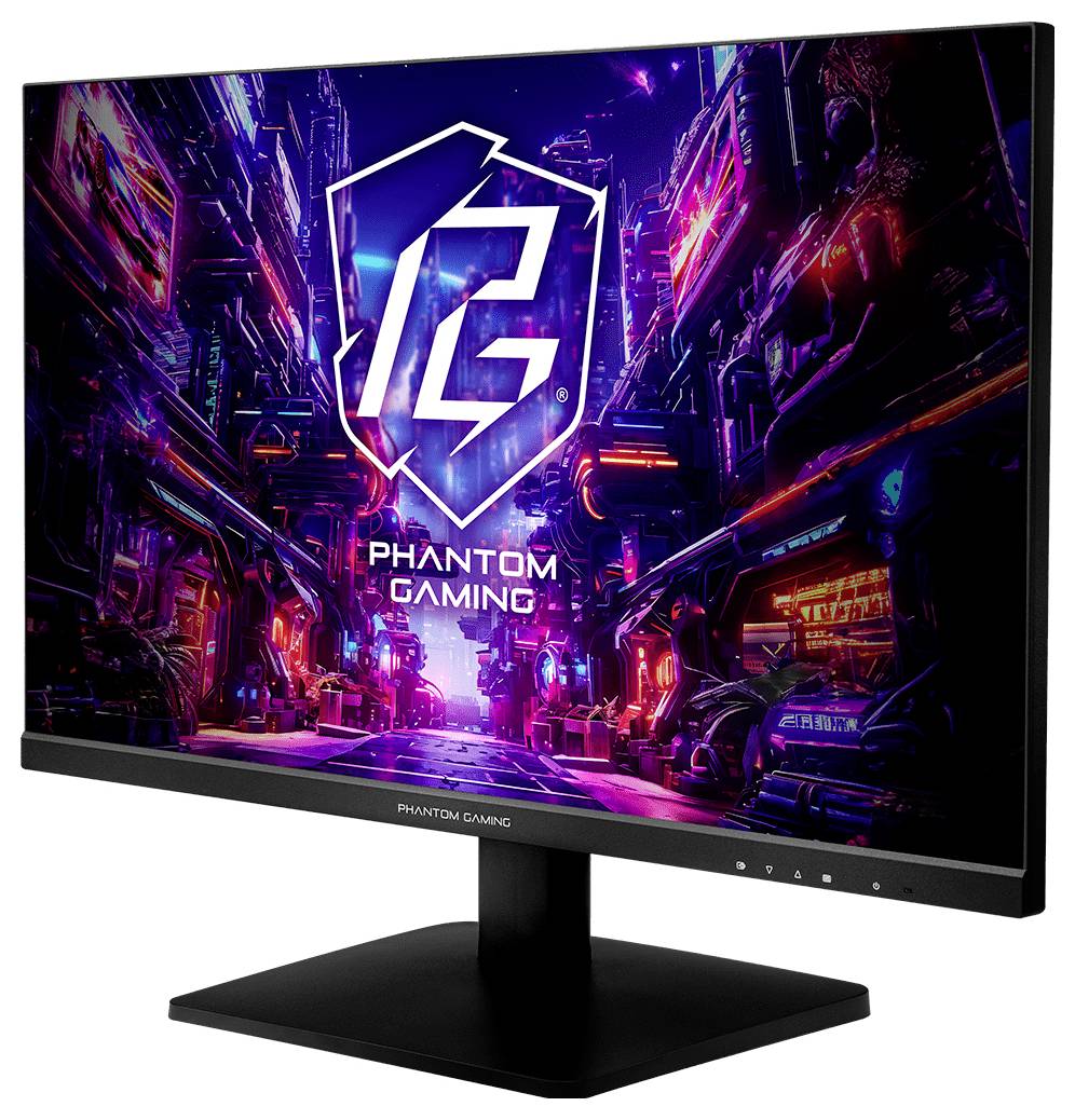 Ein schwarzer Monitor zeigt ein neonleuchtendes futuristisches 'PHANTOM GAMING' Stadtlandschafts-Logo auf einem Ständer, vor einem weißen Hintergrund dargestellt.