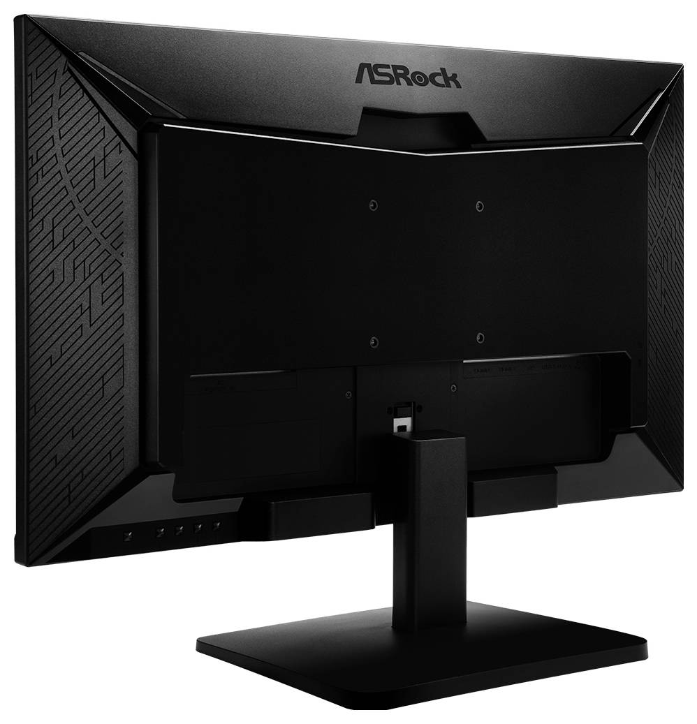 Rückansicht eines schwarzen ASRock-Computermonitors auf einem Ständer, der das Markenlogo und die kantige gemusterte Rückseite zeigt.
