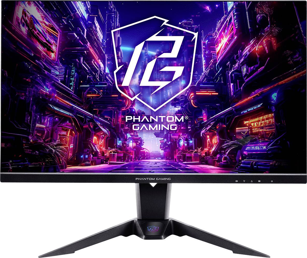 Phantom Gaming Monitor mit einer neon-futuristischen Stadtlandschaft auf dem Display, mit dem 