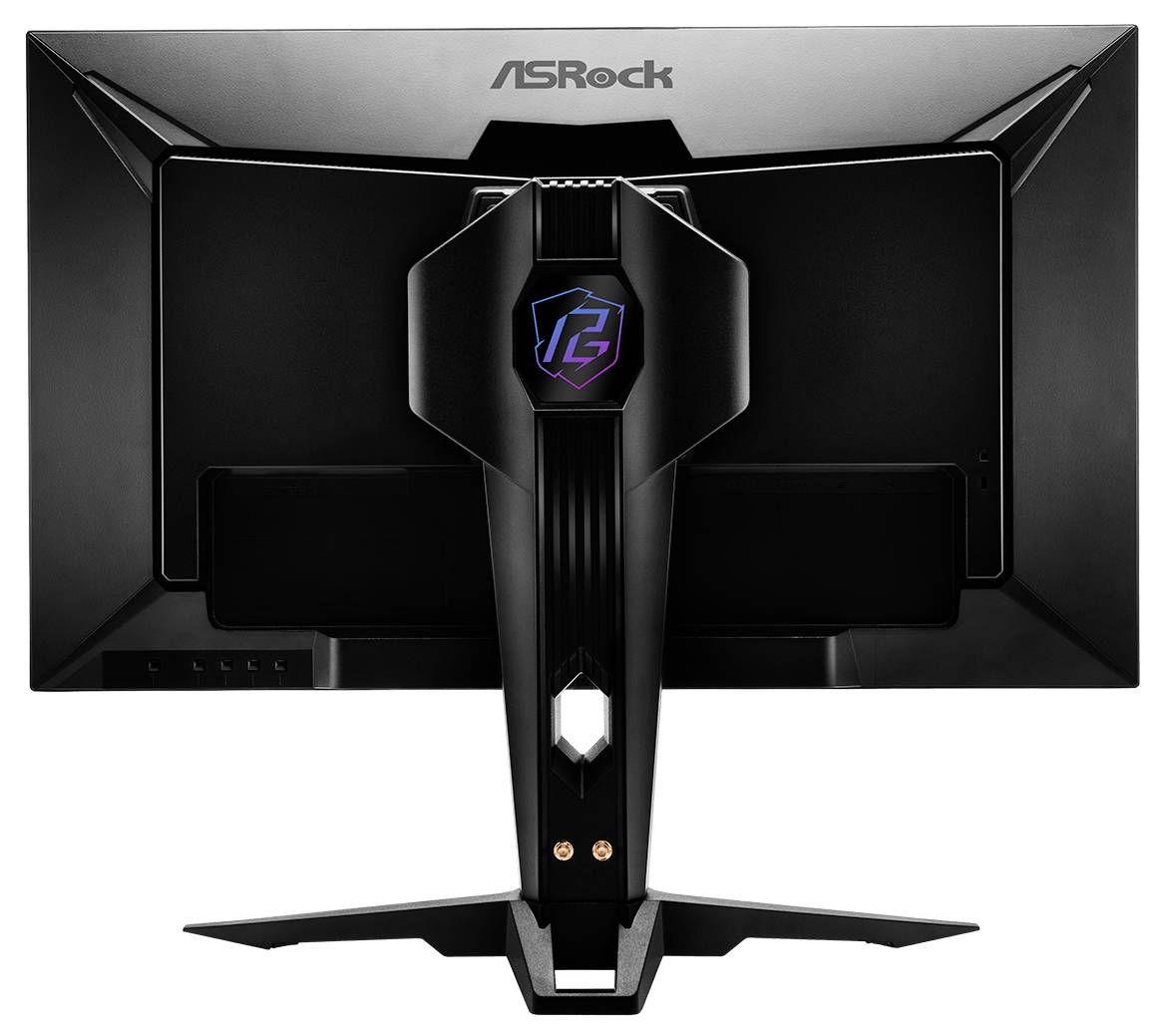 Rückansicht eines ASRock-Gaming-Monitors mit zentralem Ständer, eckigem schwarzem Design und RGB-Logo auf dem Ständer.