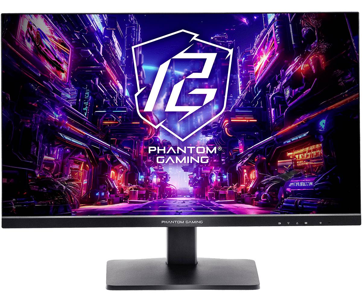 Ein Gaming-Monitor zeigt eine neon-futuristische Stadt mit dem 
