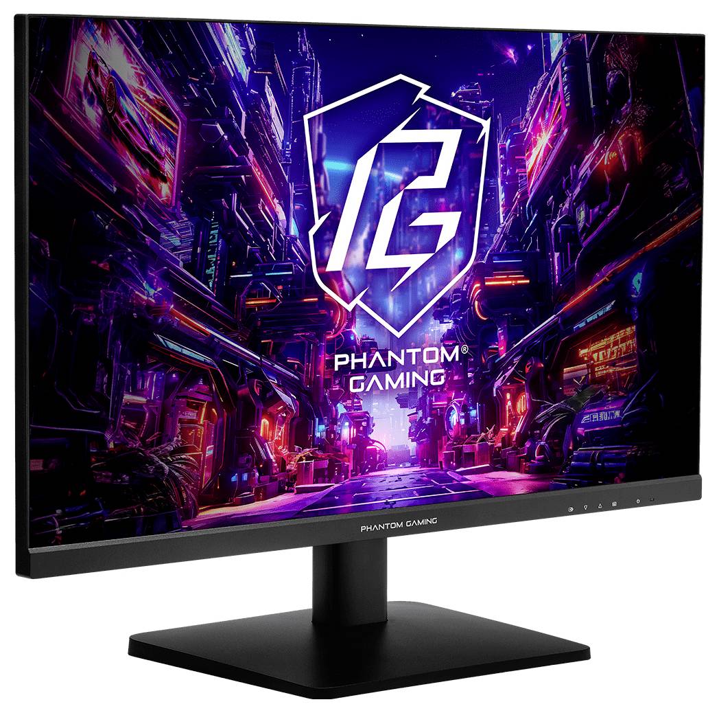 Phantom Gaming Monitor zeigt eine neon-Cyberpunk-Stadtkraphik mit großem 