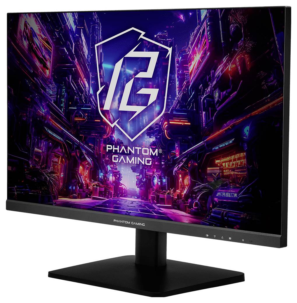 Gaming-Desktop-Monitor von Phantom mit einer leuchtenden Cyberpunk-Stadtlandschaft und großem „PG