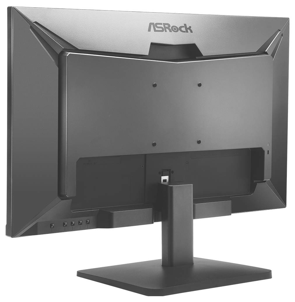 Rückansicht eines ASRock-Desktop-Monitors auf einem Ständer, die die Rückseite und den VESA-Montagebereiche zeigt.