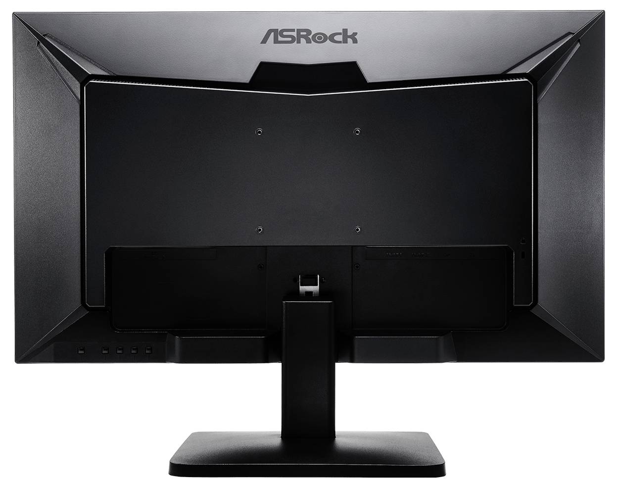 Rückansicht eines ASRock-Computermonitors auf einem Ständer, die das Rückfeld und den Kabelbereich zeigt.