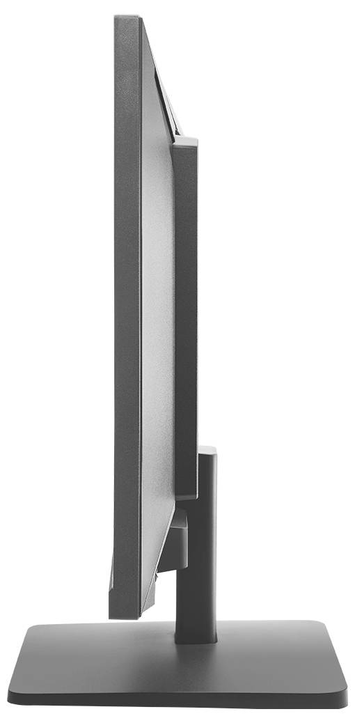 Seitenansicht eines Flachbildschirm-Computermonitors auf einem rechteckigen Ständer und einer Basis.