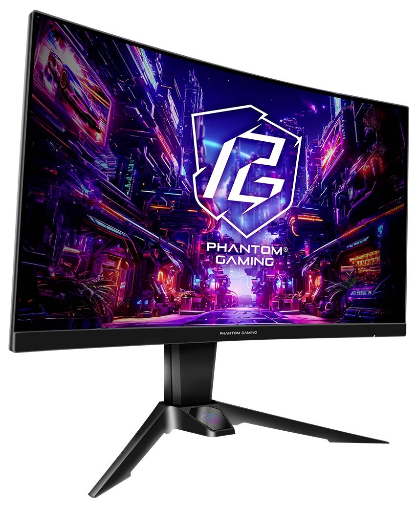 Gekrümmter Gaming-Monitor auf Ständer, der eine neonfarben Cyberpunk-Szene mit dem 