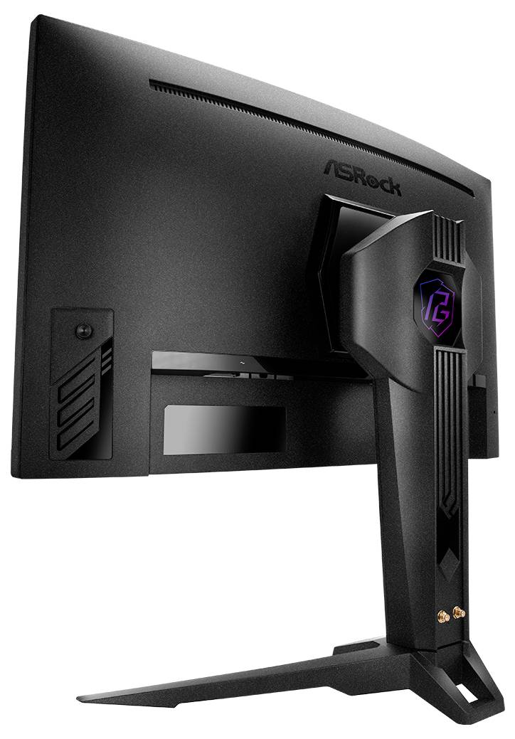 Rückansicht eines schwarzen ASRock-Monitors mit zentralem Ständer und winkeligem V-förmigem Sockel, gezeigt auf weißem Hintergrund.