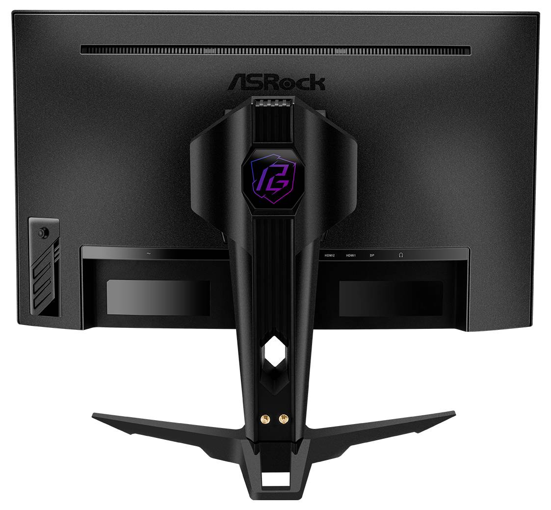 Rückansicht eines ASRock-Monitors mit einem angebrachten zentralen Ständer oder einer Kopfhörerhalterung mit verstellbaren Armen und LED-Logo