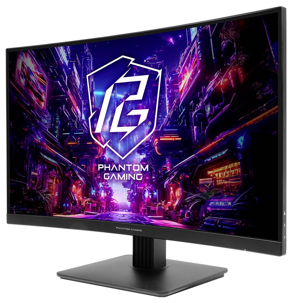 Gebogener Desktop-Monitor zeigt eine leuchtende Cyberpunk-Stadtszene mit dem Logo und Text 