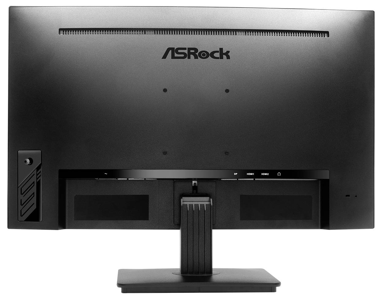 Rückansicht eines ASRock-Desktop-Monitors auf einem Ständer, zeigt Anschlüsse und Kabelmanagement-Abdeckung.