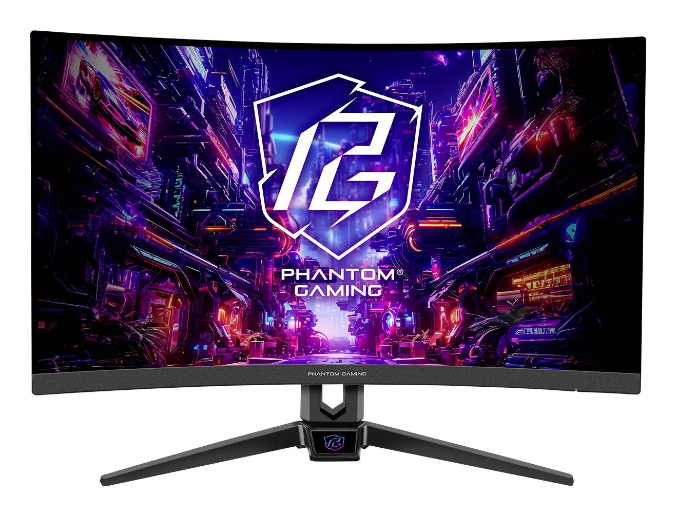 Gekrümmter Gaming-Monitor mit einer neonbeleuchteten Cyberpunk-Szene und dem Logo sowie Text 