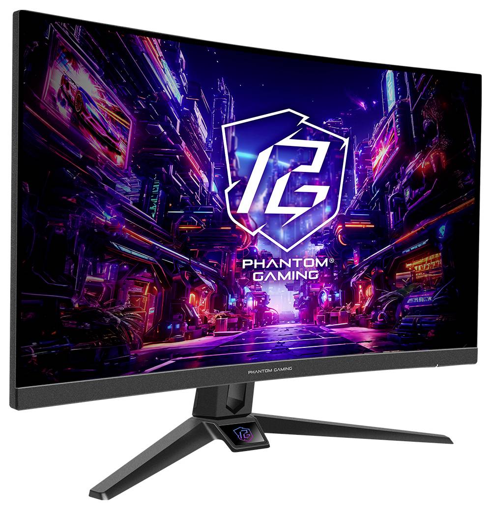 Gekrümmter Gaming-Monitor mit einer neon-cyberpunk-Stadtszene, auf dem ein großes 