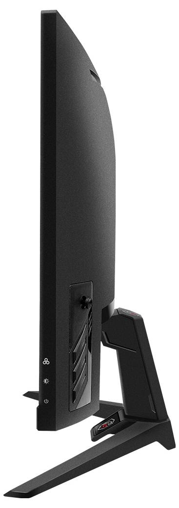 Seitenansicht eines gekrümmten schwarzen Gaming-Monitors auf einem Ständer, der Rückanschlüsse und einen verstellbaren Trägerarm vor weißem Hintergrund zeigt.