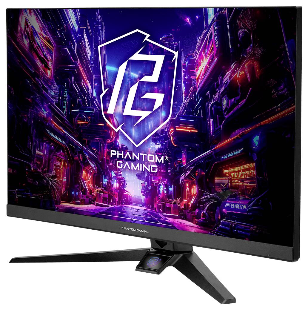 Phantom Gaming Monitor zeigt eine neon-Cyberpunk-Stadtszene mit großem PG-Wappenschild und dem Text 
