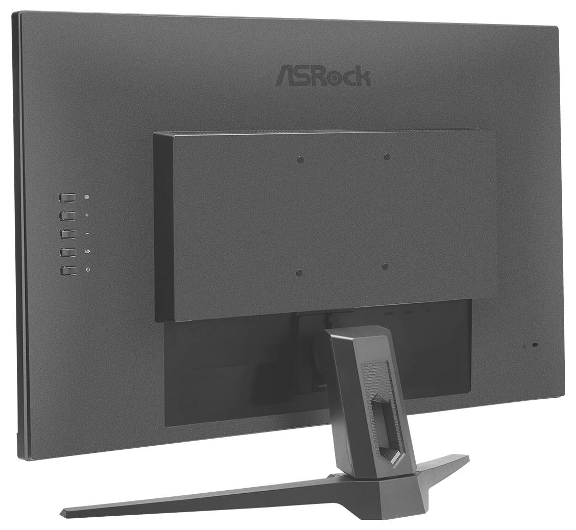 Rückansicht eines ASRock-Computermonitors mit zentralem Ständer und seitlichen Steuertasten.