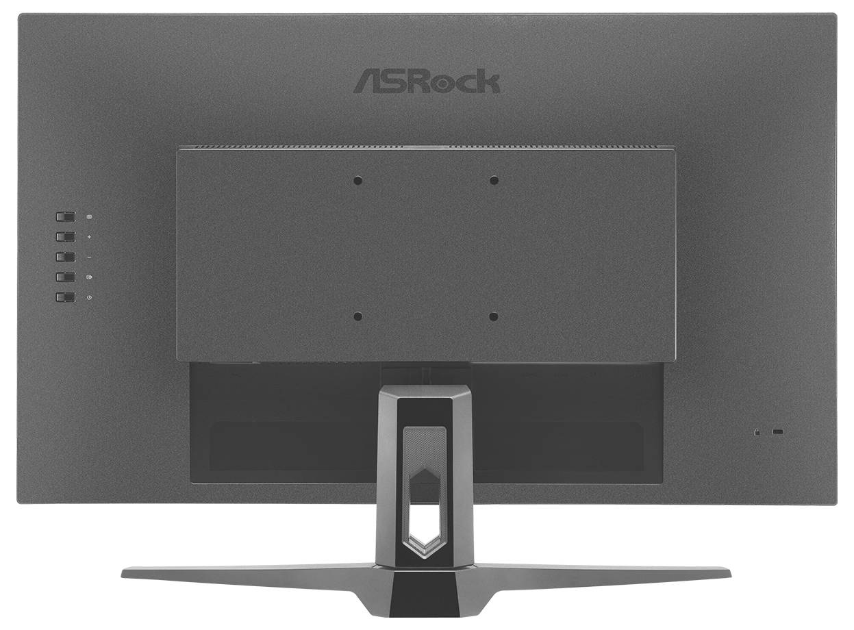 Rückansicht eines ASRock-Desktop-Monitors auf einem Ständer, die das Rückenpaneel, den VESA-Montagebereich und die verstellbare Basis zeigt.