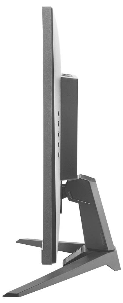 Seitenansicht eines dünnen Flachbildschirms auf einem modernen kantig gestalteten Ständer mit integrierten Kabelanschlüssen, isoliert auf weißem Hintergrund dargestellt.