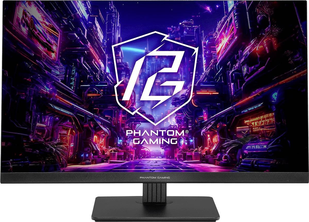 Ein Gaming-Monitor zeigt eine neon-leuchtende Cyberpunk-Stadtlandschaft mit einem großen 'PG'-Logo und dem Text 'Phantom Gaming' in der Mitte an.