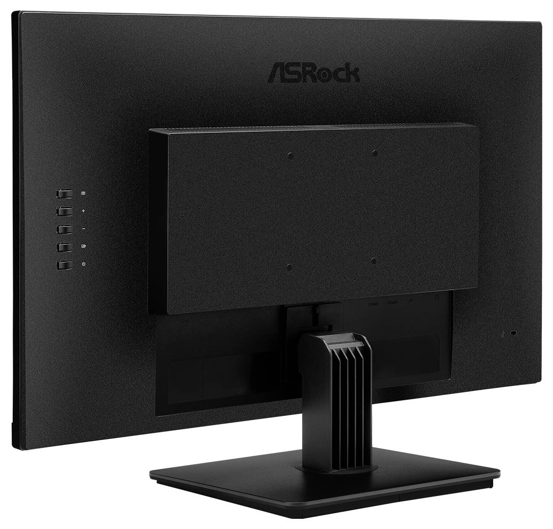 Rückansicht eines ASRock-Computermonitors auf einem Ständer, die ein einfaches schwarzes Rückgehäuse und einen zentralen Kabelbereich zeigt.
