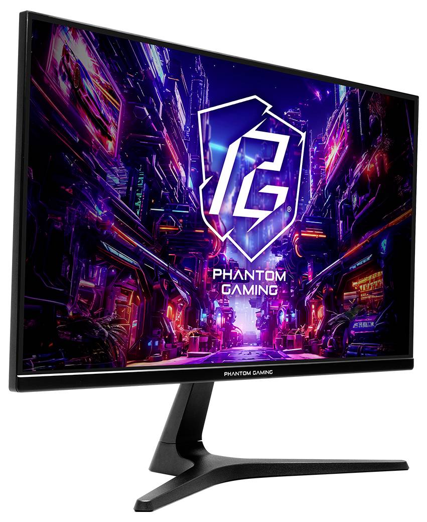 Phantom Gaming Monitor zeigt eine neon-cyberpunk Stadtszene mit großem 
