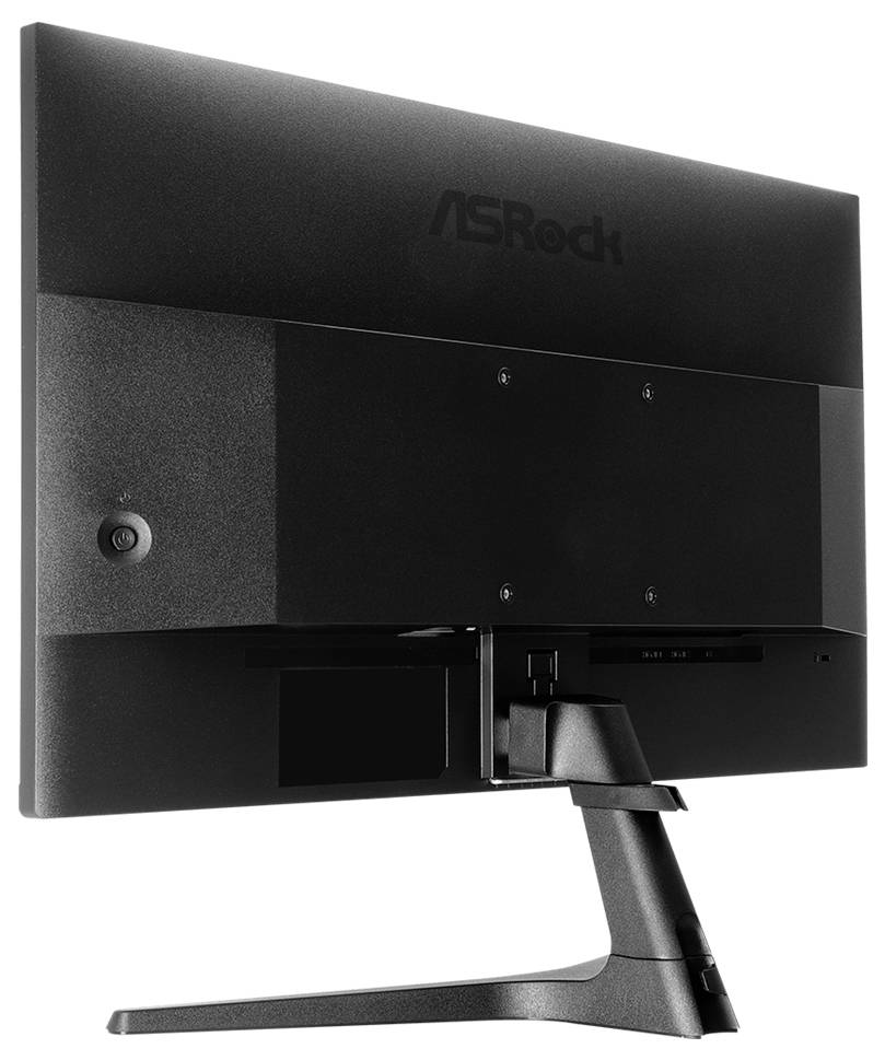Rückansicht eines ASRock-Monitors auf einem Ständer, der die Rückwand und den Kabelbereich vor weißem Hintergrund zeigt.