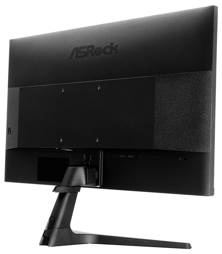 Rückansicht eines ASRock-Monitors auf einem Ständer, der die Rückseite und die montierte Basis auf weißem Hintergrund zeigt.