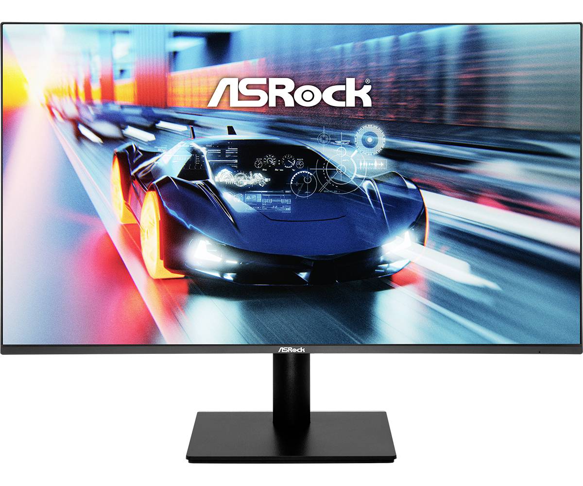 ASRock Monitor zeigt eine futuristische Rennwagenszene mit Geschwindigkeitsbewegungsstreifen und digitalen Overlay-Grafiken.