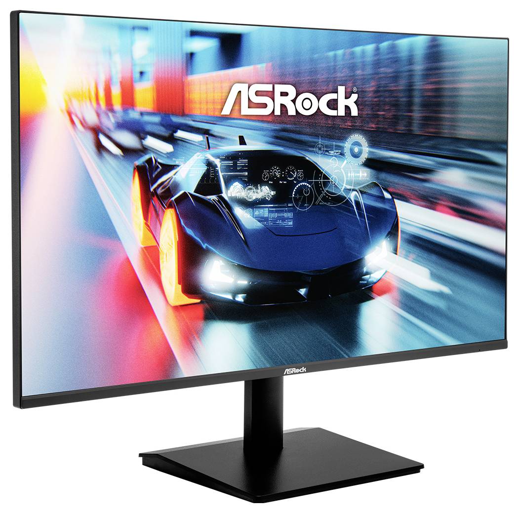 ASRock-Monitor, der eine futuristische Sportwagenrennszenerie mit Bewegungsunschärfe und leuchtend neonfarbigen Farben anzeigt.