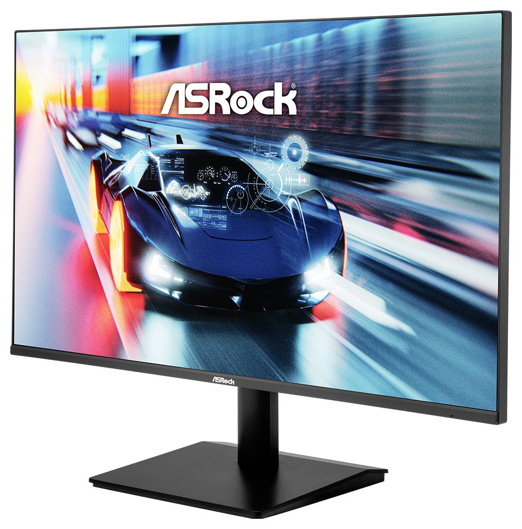 ASRock-Computermonitor zeigt einen futuristischen schwarzen Sportwagen, der durch eine neonbeleuchtete Stadtszene rast, mit dem ASRock-Logo oben.