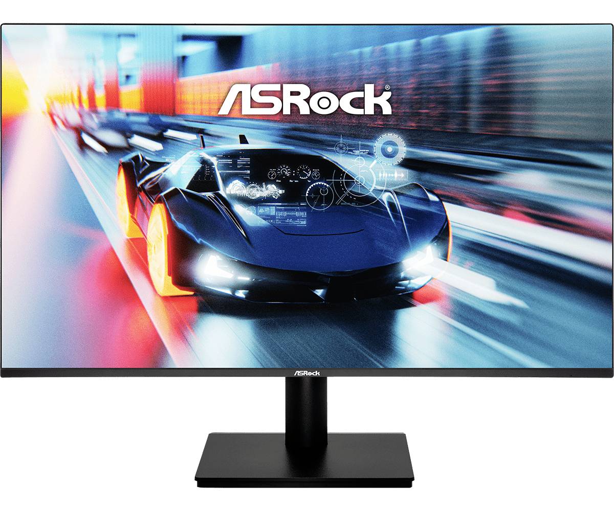 ASRock-Spielmonitor zeigt einen schnell fahrenden blauen Sportwagen mit Neon-Bewegungsunschärfe und digitalen HUD-Grafiken