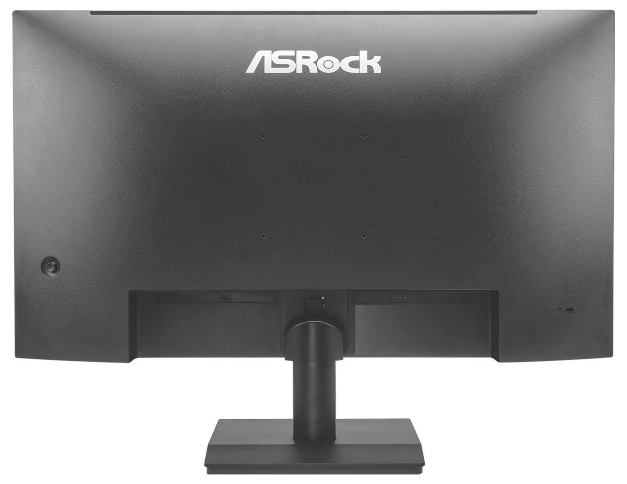 Rückansicht eines ASRock-Monitors auf einem Ständer, die das Rückfeld und die zentrierte Stützstütze zeigt.