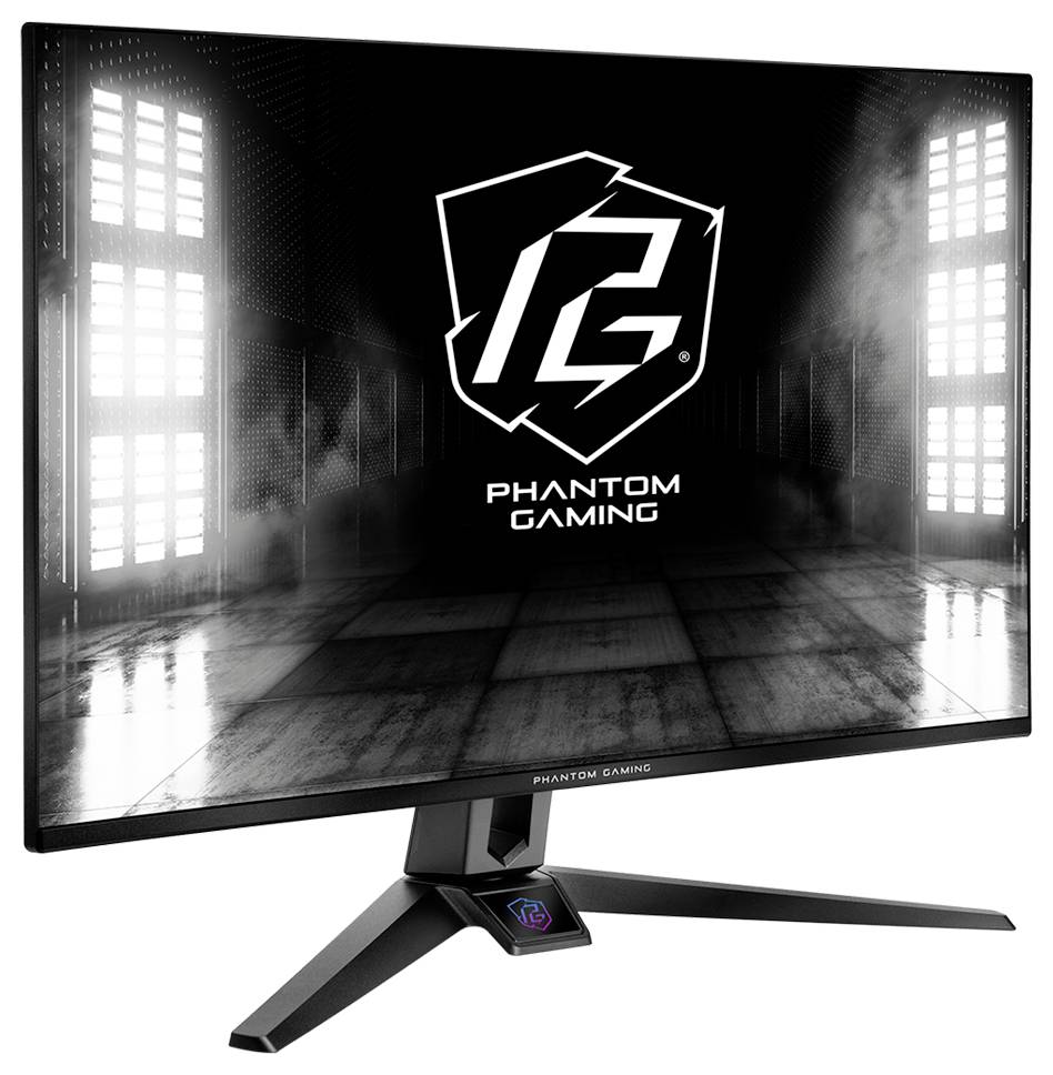 Phantom Gaming Monitor mit dem Phantom Gaming Logo auf einem schwarzen Display, mit großem Ständer und breiter V-förmiger Basis.