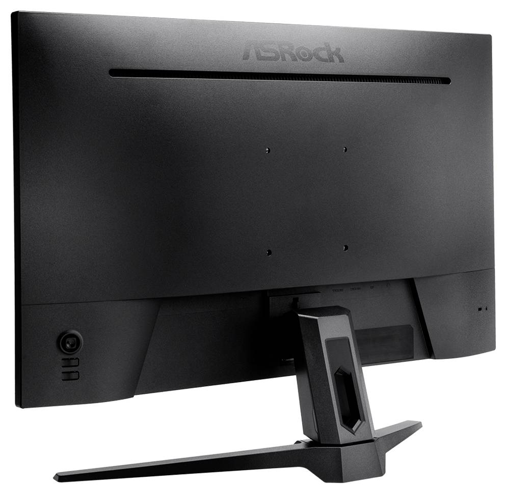 Rückansicht eines ASRock-Computermonitors mit zentralem Standfuß und Kabelführungsnut auf weißem Hintergrund.