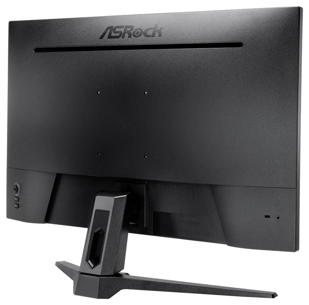 Rückansicht eines ASRock Flachbildschirms mit zentralem Ständer und Kabelführungsschlitz.