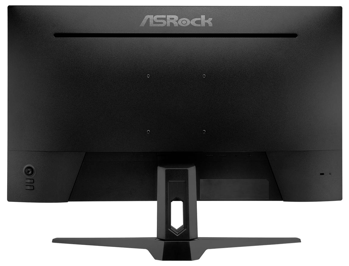 Rückansicht eines schwarzen ASRock-Monitors auf einem Ständer, die das Markenlogo und die Öffnung für die Kabelführung zeigen.