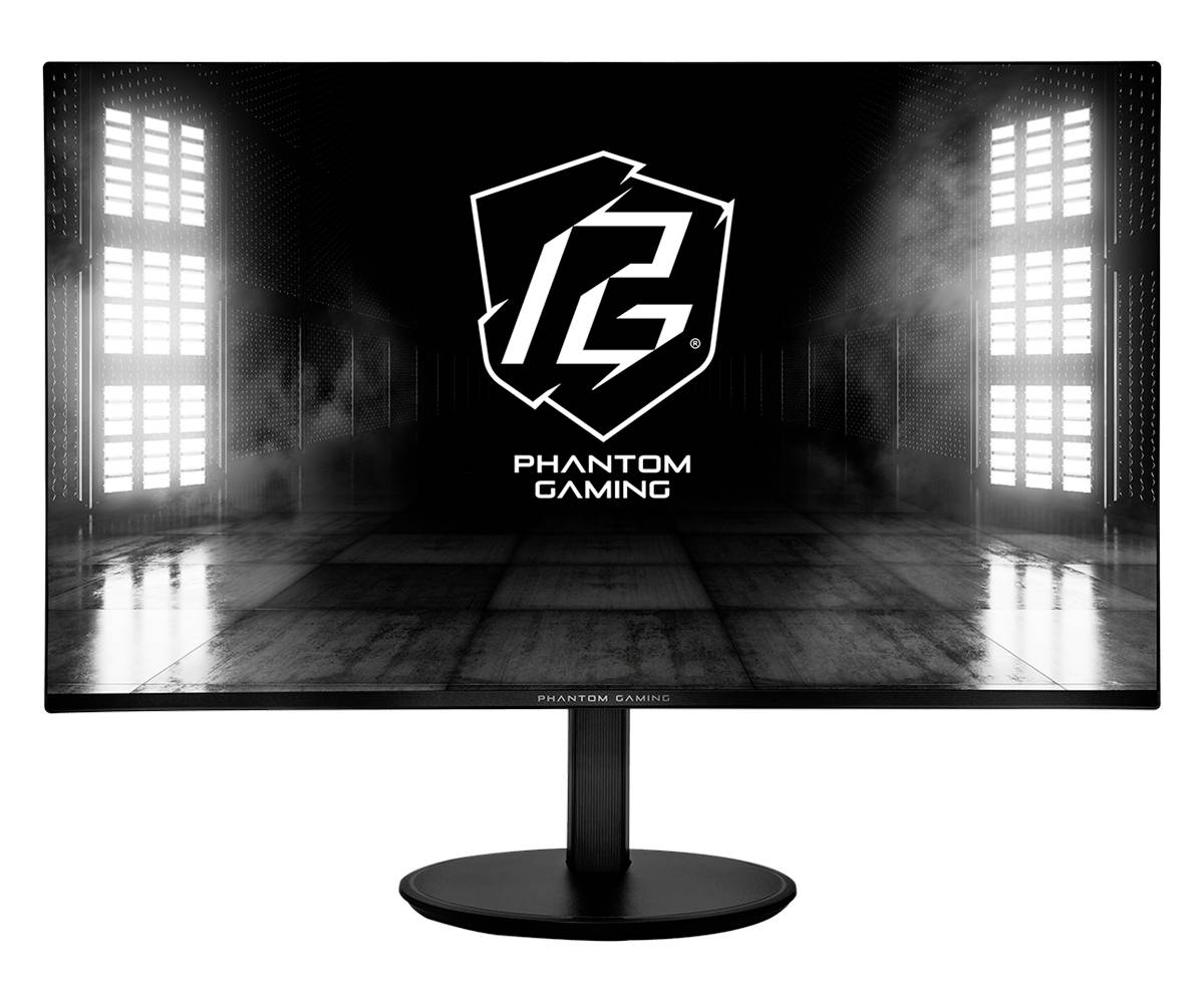 Schwarzer Gaming-Monitor mit dem Phantom Gaming-Logo auf einem dunklen, rauchigen Bildschirm, auf einem Ständer vor weißem Hintergrund angezeigt.