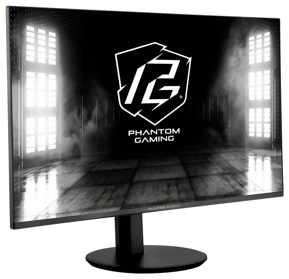 Schwarzer Phantom Gaming-Monitor mit dem Phantom Gaming-Logo und Text auf einem dunklen industriellen Bildschirm, auf einem Ständer dargestellt.