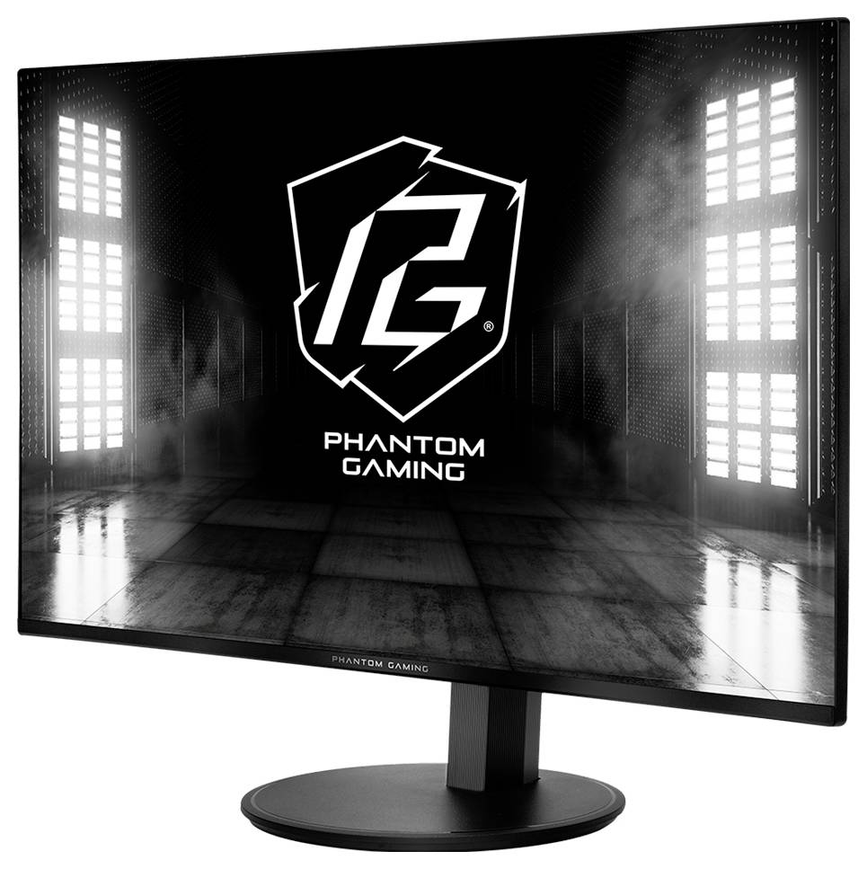 Phantom Gaming Monitor zeigt das Phantom Gaming Logo auf einem dunklen, Science-Fiction-Bildschirm, montiert auf einem Ständer vor weißem Hintergrund.