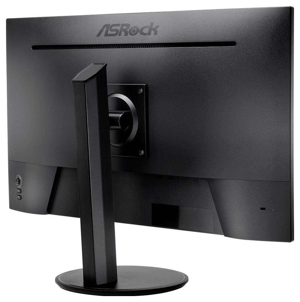 Rückansicht eines ASRock-Computermonitors auf einem Ständer, die die Halterungsklammer und die Kabelanschlüsse zeigt.