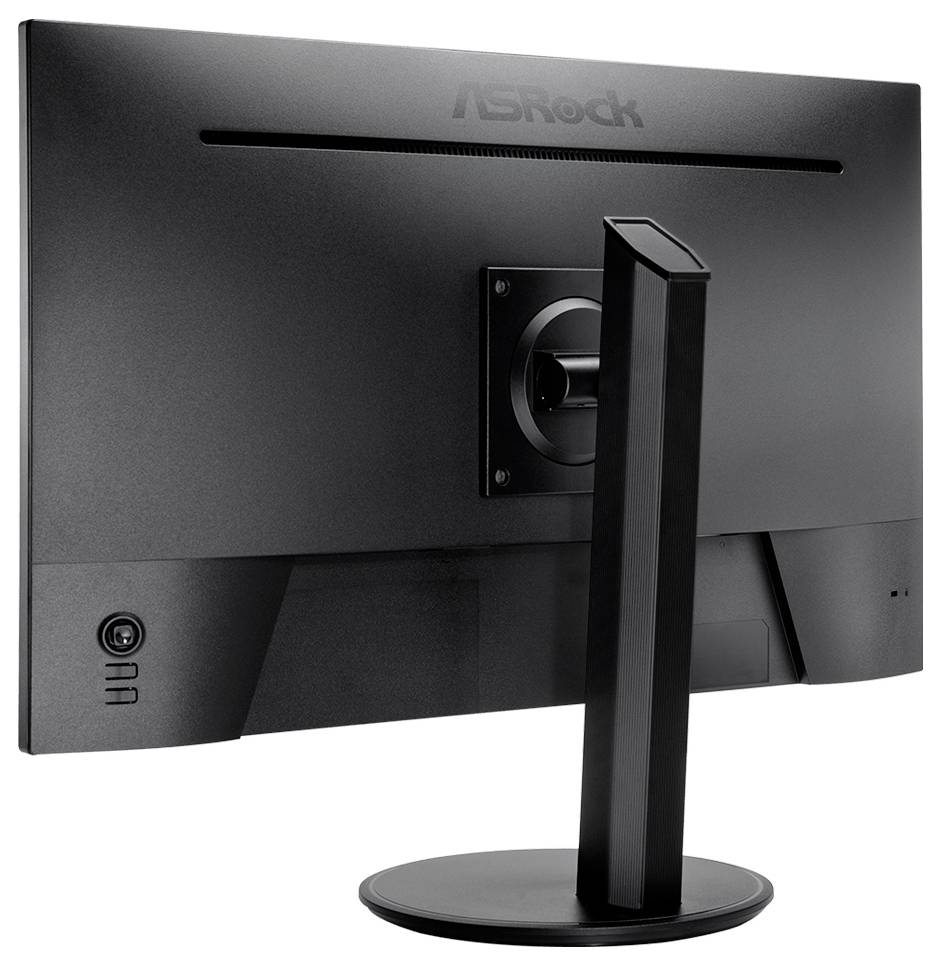 Rückansicht eines ASRock-Desktop-Monitors auf einem Ständer, die die Rückwand, die zentrale Halterung und die gekrümmte Basis zeigt.