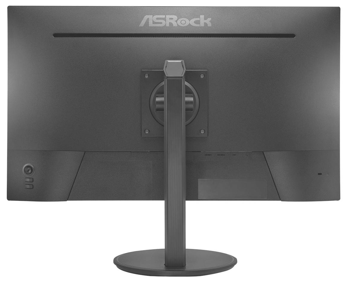 Rückansicht eines ASRock-Desktop-Monitors auf einem runden Standfuß mit zentraler Halterung und Kabelmanagement-Slot.