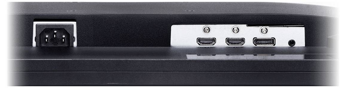 Rückseite eines Monitors oder Fernsehers mit Stromeingabe auf der linken Seite und drei HDMI-Anschlüssen sowie einer kleinen Buchse auf der rechten Seite.