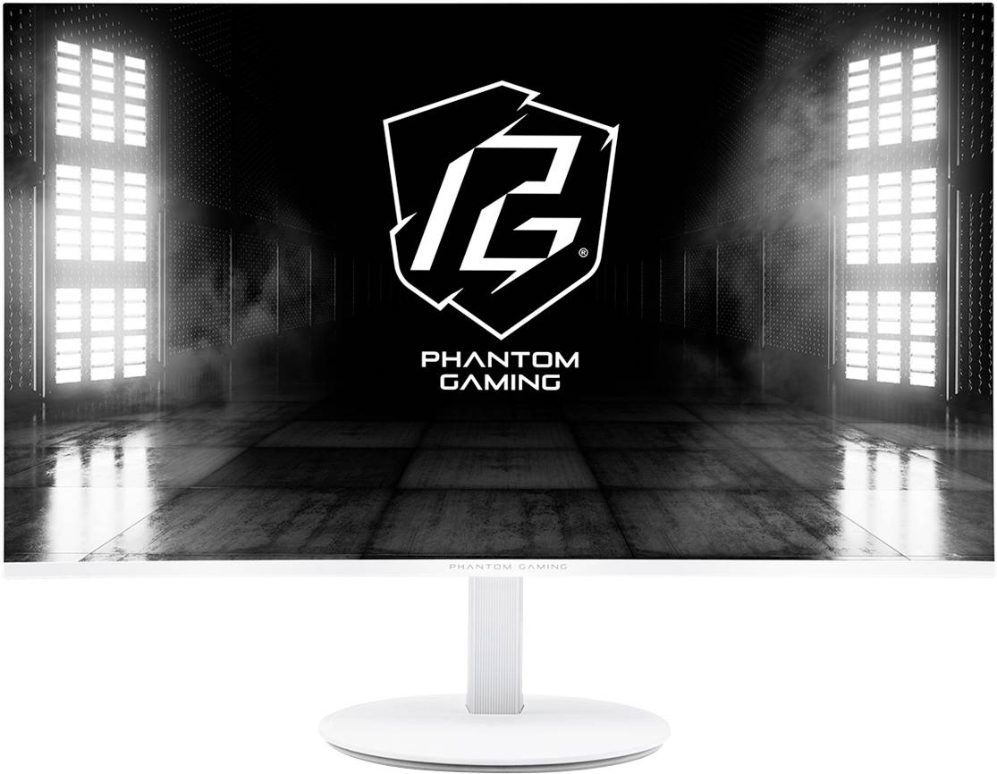 Schwarzer Gaming-Monitor mit dem Phantom Gaming-Logo und Namen auf dunklem, rauchigem Hintergrund, mit weißem Ständer und Rahmen.